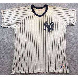Vtg New York Yankees Sz XL White Navy MLB Baseball Rawlings Jersey Pinstripe 80s